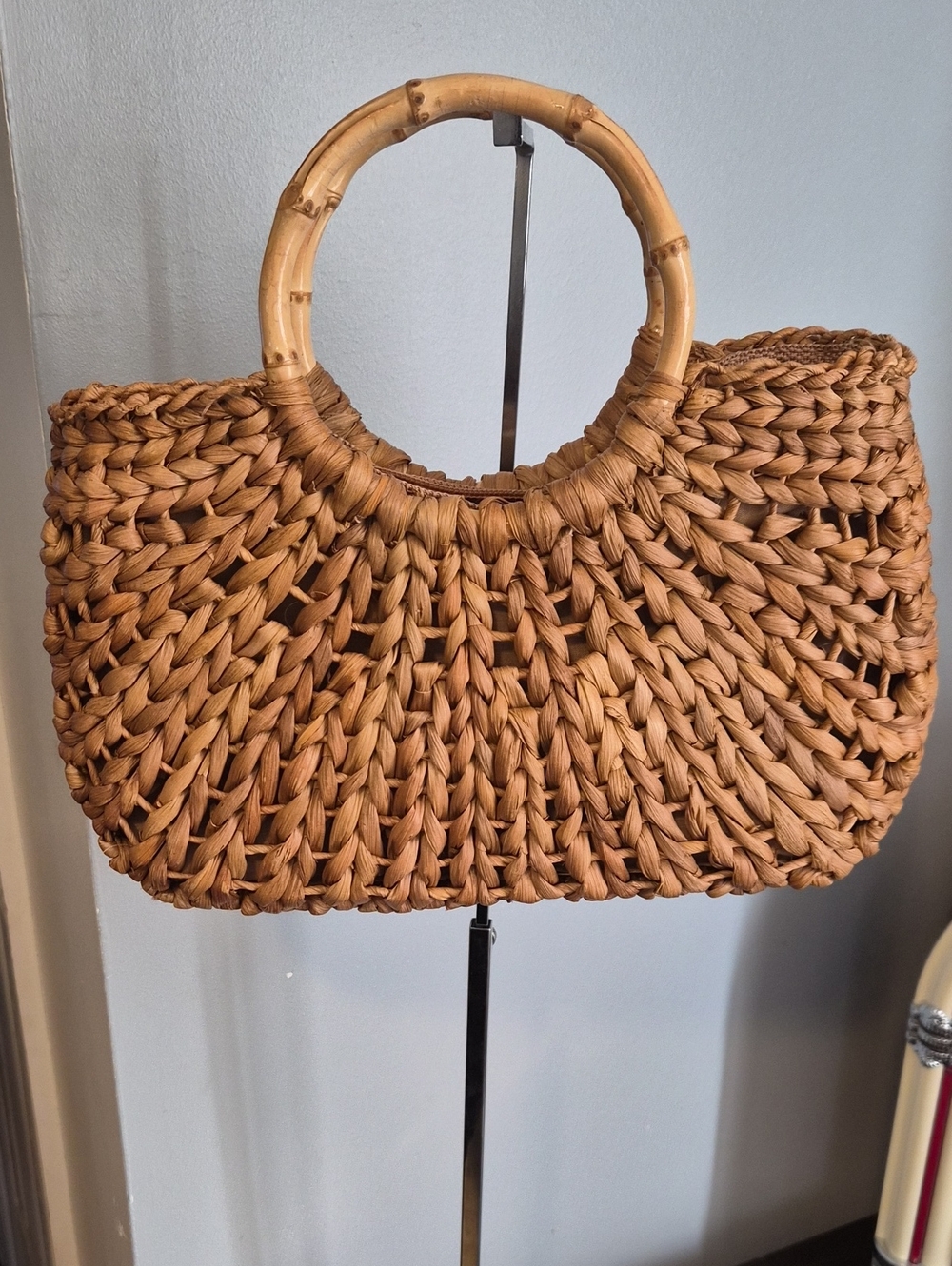 Woven Straw Tote Bag with Bamboo Handles - Natural